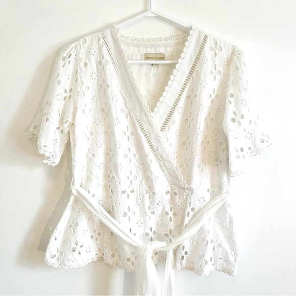 White eyelet lace cotton peplum top - Picture 1 of 9
